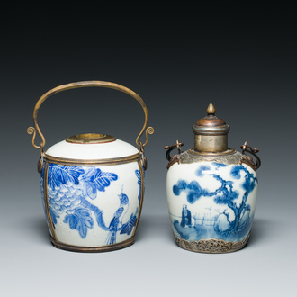 A Chinese blue and white 'Bleu de Hue' waterpipe and a tea caddy for the Vietnamese market, 19th C.