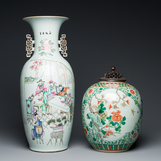 A Chinese famille rose vase and a famille verte jar with wooden cover, 19th C.