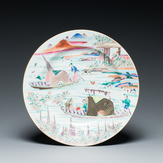 A Chinese famille rose 'fishermen in a sampan' dish, Yongzheng/Qianlong