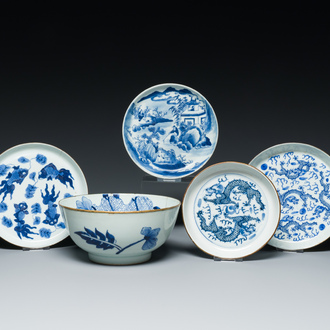 Four Chinese blue and white 'Bleu de Hue' plates and a bowl for the Vietnamese market, various marks, 19th C.