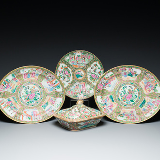 Three Chinese Canton famille rose dishes and a tureen and cover, 19th C.