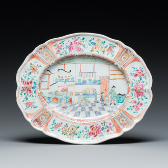 A polychrome petit feu Dutch Delft oval dish with a shop interior, 18th C.