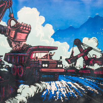 Chinese school from the Cultural Revolution: View on the Daqing oil field, litho heightened with oil paint