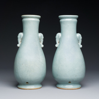 A pair of Chinese monochrome lavender-blue-glazed 'hu' vases, 19th C.