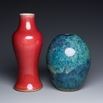 A Chinese copper-red-glazed vase and a flambé-glazed Yixing stoneware vase with Ge Mingxiang Zao 葛明祥造 mark, 19th C.