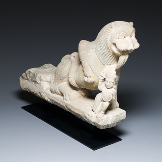 A sandstone group showing a lion fighting a prince, India, probably Chandela period, 11th C.