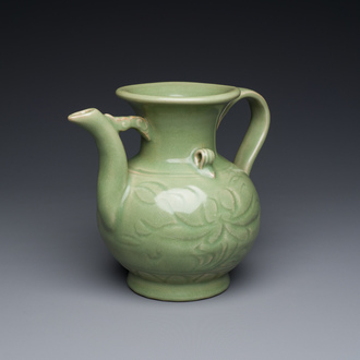 A Chinese Longquan celadon wine ewer with anhua design, Yuan/Ming