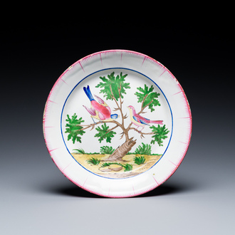 A French faience de l'Est plate with two birds in a tree, Les Islettes, Dupré workshop, early 19th C.