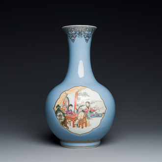 A Chinese famille rose lavender-blue-ground bottle vase, Qianlong mark, Republic