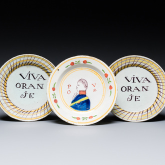 Three polychrome Dutch Delft 'orangist subject' plates, 18th C.