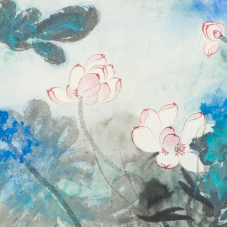 Follower of Zhang Daqian 張大千 (1898-1983): 'Lotus', ink and colours on paper, dated 1981