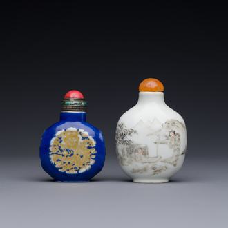Two Chinese snuff bottles in blue-ground and grisaille-decorated porcelain, Daoguang mark and of the period