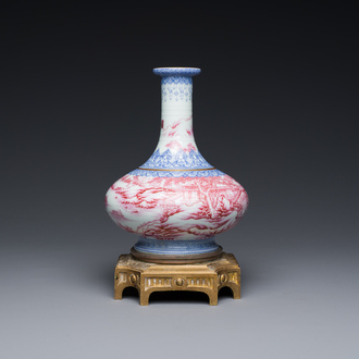 A Chinese blue-and-puce-enamelled bottle vase with a gilt bronze mount, 20th C.