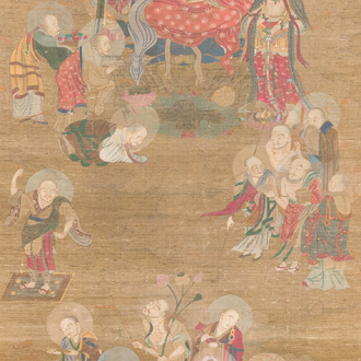 Chinese school: 'Buddha surrounded by Luohans', ink and colours on silk, 18th C.