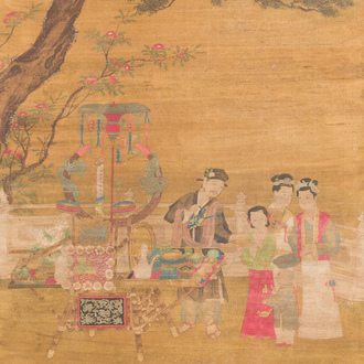 Chinese school: 'Samenkomst onder de pijnboom', inkt en kleur op zijde, 18/19e eeuw