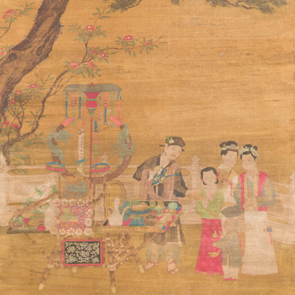 Chinese school: 'Gathering under the pine', ink and colour on silk, 18/19th C.