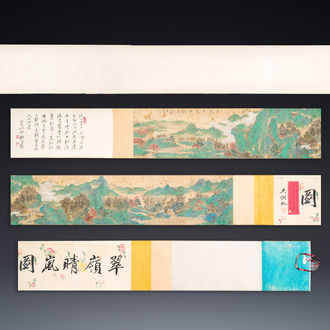 Xu Yang 徐揚 (1712-1777) en Wu Hufan 吳湖帆 (1894-1968): : 'Berglandschap, gedateerd 1755, met latere kalligrafie, inkt en kleur op zijde