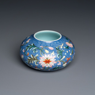 A Chinese blue-sgraffito-ground famille rose water pot, Qianlong mark, Republic