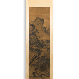 Follower of Zhu Derun 朱德潤 (1294-1365): 'Mountainous landscape', ink on silk, dated 1364