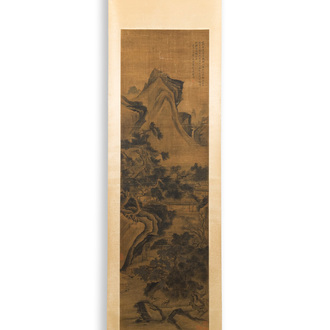 Follower of Zhu Derun 朱德潤 (1294-1365): 'Mountainous landscape', ink on silk, dated 1364