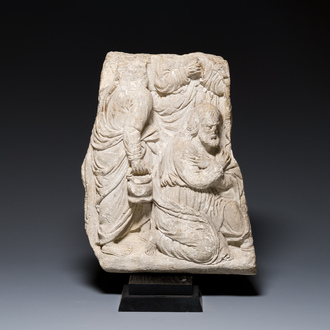 A French carved sandstone altar or coffin fragment, 15/16th C.