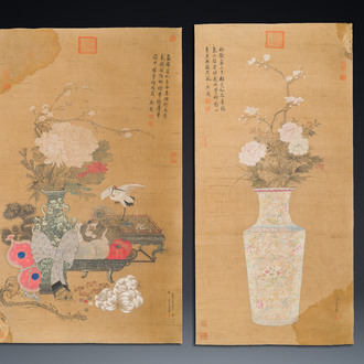Chinese school: 'Two antiquities', ink and colours on silk, Qianlong seal mark, 19th C.