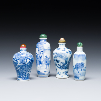 Four Chinese blue and white snuff bottles, 18/19th C.