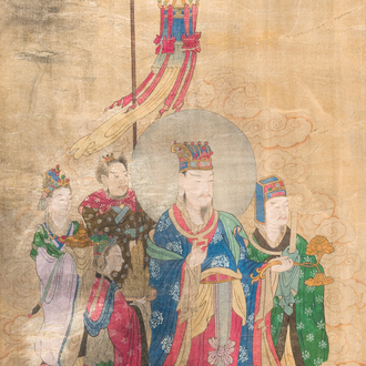 Chinese school: 'A procession of deities', ink and colour on silk, Qing