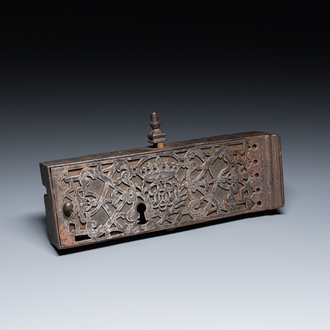 A French engraved wrought iron noble lock plate, 17th C.