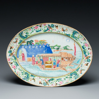 An inscribed oval Chinese Canton famille rose dish, Jiaqing/Daoguang