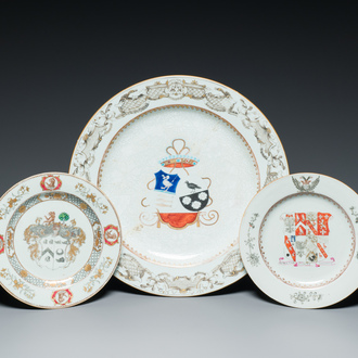 A Chinese grisaille armorial dish and two plates for the Dutch, English and Scottish markets, Qianlong
