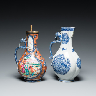 A Chinese famille rose 'mandarin subject' dragon-handled ewer and a blue and white 'floral medallion' ewer, Qianlong