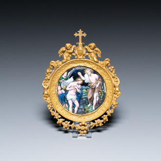 A French Limoges enamel 'The Baptism of Christ' medallion in a gilt ornate frame, 17/19th C.