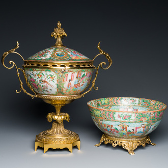 A Chinese Canton famille rose bowl and cover with fine gilt mounts and a bowl mounted on a gilt foot, 19th C.