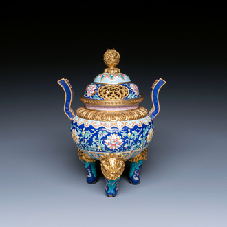 A Chinese 'imperial tribute' blue-ground Canton enamel incense burner and cover, Qianlong mark and of the period