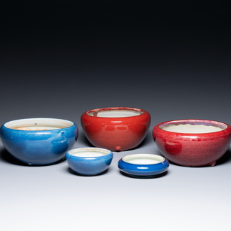 Four Chinese blue- and flambé-glazed censers and a brush washer, 19/20th C.
