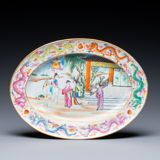 Plat de forme ovale en porcelaine de Chine famille rose de Canton, Jiaqing/Daoguang