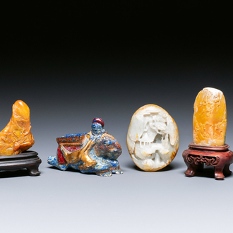 Four Chinese jade and lapis lazuli carvings, 19/20th C.