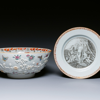 A Chinese 'mythological subject' grisaille plate and a relief-decorated famille rose 'insects' bowl, Qianlong