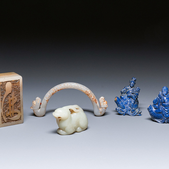 Five Chinese jade and lapis lazuli carvings, 19/20th C.
