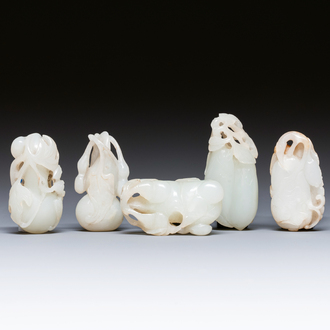 Five Chinese white and celadon jade carvings, Qing/Republic