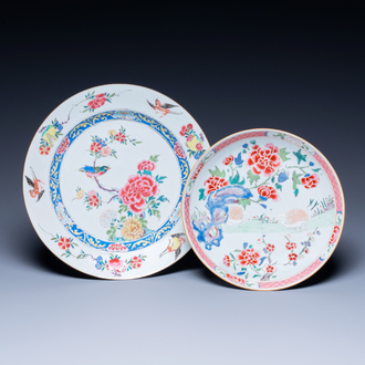 A Chinese famille rose 'birds' dish and a 'quails' plate, Yongzheng/Qianlong