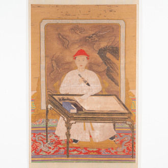 Chinese school: 'Portrait of emperor Yongzheng', ink and colour on silk, 19/20th C.