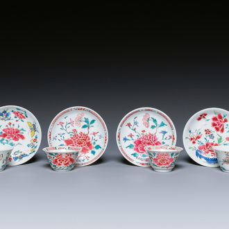 Quatre tasses et soucoupes en porcelaine de Chine famille rose, Yongzheng