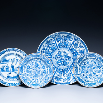 A Chinese blue and white dish and three plates, Kangxi/Yongzheng