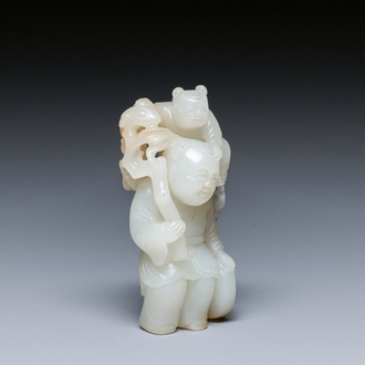 A Chinese white and russet jade sculpture of two boys, Qing