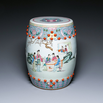 A Chinese famille rose garden seat with ladies in a garden, 20th C.