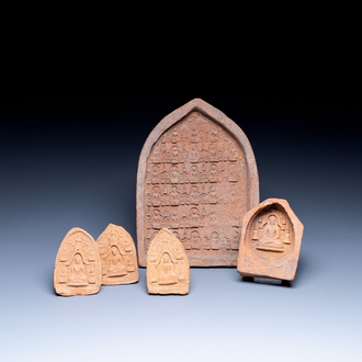 Five Burmese Buddhist votive pottery plaques, Pagan Period, 11/14th C.