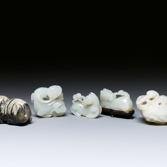 Five Chinese white, celadon and grey-black jade carvings, Qing/Republic