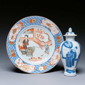 Un vase couvert en porcelaine de Chine en bleu et blanc et une coupe en verte-Imari, Kangxi